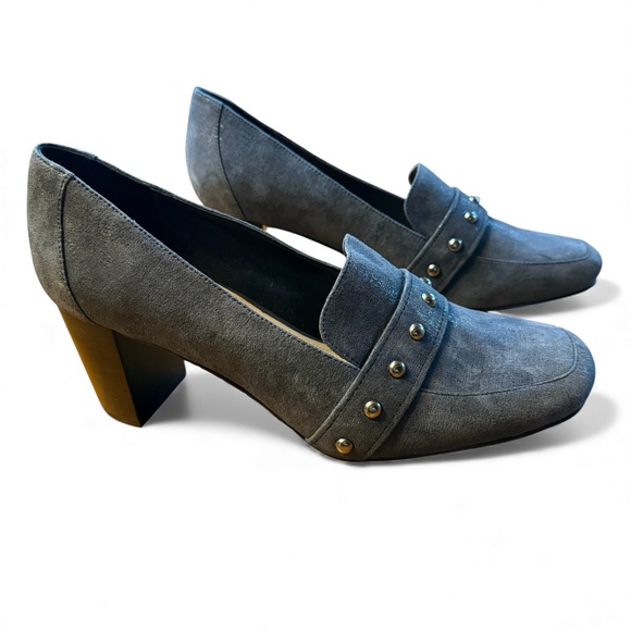 Donald Pliner Peggi Navy Iridescent Studded Loafer Pumps Women’s 10 | 2.75” Heel - Picture 3 of 14